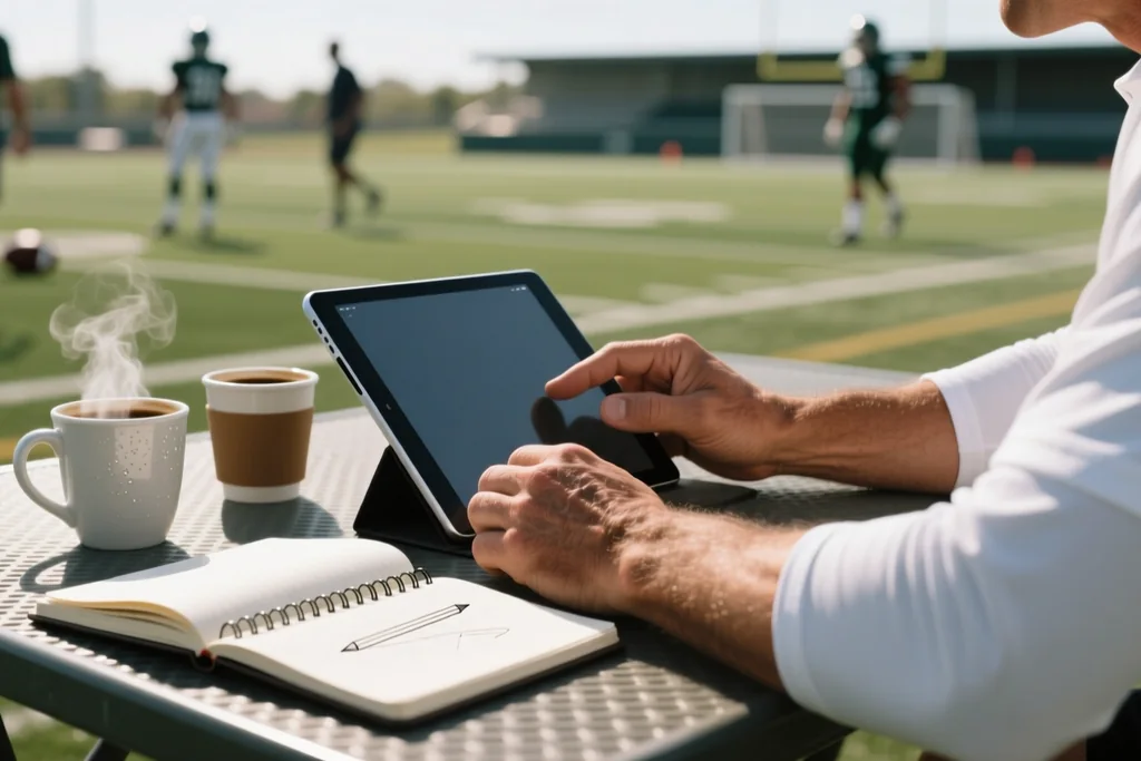Footballers in a training ground canteen looking at a tablet together