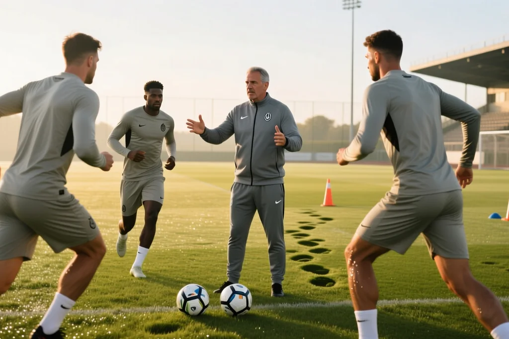 Youth coach with under-23 players training on a pitch at a professional club
