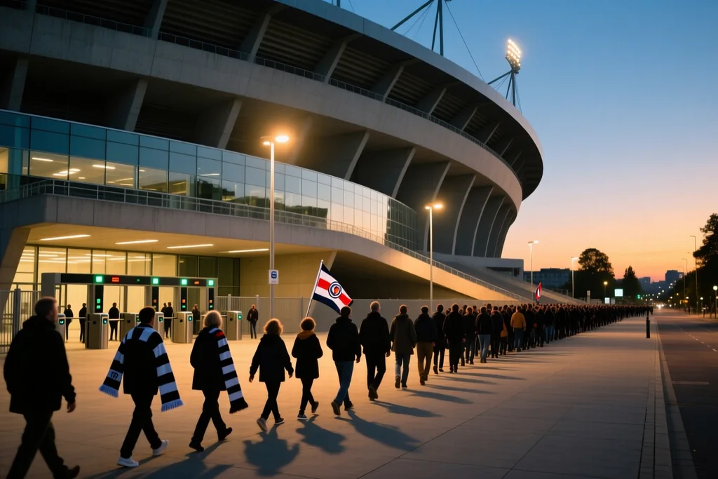 UEFA style stadium exterior at dusk with floodlights on